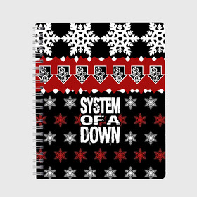 Тетрадь с принтом Праздничный System of a Down в городе Новоалтайск, 100% бумага | 48 листов, плотность листов — 60 г/м2, плотность картонной обложки — 250 г/м2. Листы скреплены сбоку удобной пружинной спиралью. Уголки страниц и обложки скругленные. Цвет линий — светло-серый
 | soad | soil | system of a down | группа | дав | дарон малакян | джон долмаян | знак | красный | надпись | новогодний | новый год | оф | праздник | рождество | рок | серж танкян | систем | снежинки | соад | сод | соэд
