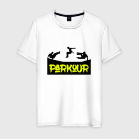 Мужская футболка хлопок с принтом parkour в городе Новоалтайск, 100% хлопок | прямой крой, круглый вырез горловины, длина до линии бедер, слегка спущенное плечо. | Тематика изображения на принте: extreme | jumping | parkour | speed | urban | опасность | паркур | прыжки | риск | скорость | экстрим