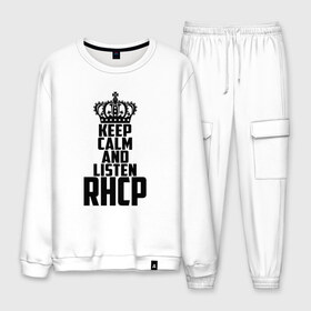 Мужской костюм хлопок с принтом Keep calm and listen RHCP в городе Новоалтайск, 100% хлопок | на свитшоте круглая горловина, мягкая резинка по низу. Брюки заужены к низу, на них два вида карманов: два “обычных” по бокам и два объемных, с клапанами, расположенные ниже линии бедра. Брюки с мягкой трикотажной резинкой на поясе и по низу штанин. В поясе для дополнительного комфорта — широкие завязки | red hot chili peppers | rhcp | альтернативный | группа | джош клингхоффер | красные острые перцы чили | метал | ред хот чили пеперс | рок | рхчп | рэп | фанк | фли | чад смит | энтони кидис