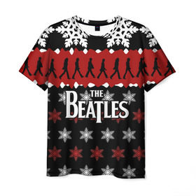 Мужская футболка 3D с принтом Праздничный The Beatles в городе Новоалтайск, 100% полиэфир | прямой крой, круглый вырез горловины, длина до линии бедер | beatles | the beatles | бител | битлз | битлс | битлы | группа | джон леннон | джордж харрисон | жуки | знак | красный | ливерпульская четвёрка | мерсибит | надпись | новогодний | новый год | пол маккартни | поп