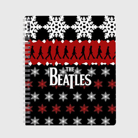 Тетрадь с принтом Праздничный The Beatles в городе Новоалтайск, 100% бумага | 48 листов, плотность листов — 60 г/м2, плотность картонной обложки — 250 г/м2. Листы скреплены сбоку удобной пружинной спиралью. Уголки страниц и обложки скругленные. Цвет линий — светло-серый
 | beatles | the beatles | бител | битлз | битлс | битлы | группа | джон леннон | джордж харрисон | жуки | знак | красный | ливерпульская четвёрка | мерсибит | надпись | новогодний | новый год | пол маккартни | поп