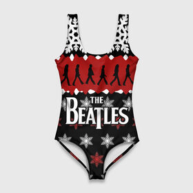 Купальник-боди 3D с принтом Праздничный The Beatles в городе Новоалтайск, 82% полиэстер, 18% эластан | Круглая горловина, круглый вырез на спине | beatles | the beatles | бител | битлз | битлс | битлы | группа | джон леннон | джордж харрисон | жуки | знак | красный | ливерпульская четвёрка | мерсибит | надпись | новогодний | новый год | пол маккартни | поп