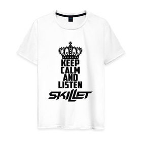 Мужская футболка хлопок с принтом Keep calm and listen Skillet в городе Новоалтайск, 100% хлопок | прямой крой, круглый вырез горловины, длина до линии бедер, слегка спущенное плечо. | skilet | skillet | альтернативный | гранж | группа | джен леджер | джон купер | индастриал | кори купер | метал | ню | пост | рок | сет моррисон | симфоник | скилет | хард | христианский