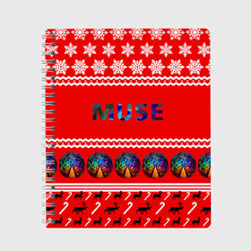 Тетрадь с принтом Праздничный Muse в городе Новоалтайск, 100% бумага | 48 листов, плотность листов — 60 г/м2, плотность картонной обложки — 250 г/м2. Листы скреплены сбоку удобной пружинной спиралью. Уголки страниц и обложки скругленные. Цвет линий — светло-серый
 | muse | альтернативный | группа | доминик ховард | знак | красный | крис уолстенхолм | мо | моус | моусе | муза | музе | мусе | мэттью беллами | надпись | новогодний | новый год | праздник | прогрессивный