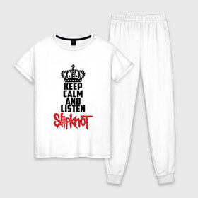 Женская пижама хлопок с принтом Keep calm and listen Slipknot в городе Новоалтайск, 100% хлопок | брюки и футболка прямого кроя, без карманов, на брюках мягкая резинка на поясе и по низу штанин | slipknot | альтернативный | грув | кори тейлор | крис фен | метал | музыка | ню | рок | слайпкнот | слипкнот | слипнот