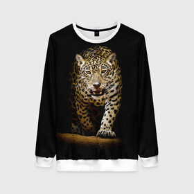Женский свитшот 3D с принтом Leopard в городе Новоалтайск, 100% полиэстер с мягким внутренним слоем | круглый вырез горловины, мягкая резинка на манжетах и поясе, свободная посадка по фигуре | дикая кошка | зверь | клыки | кот | леопард | оскал | пантера | природа | хищник | ягуар