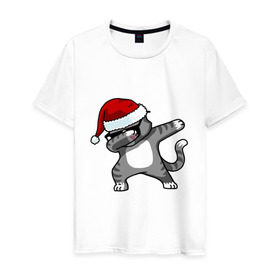 Мужская футболка хлопок с принтом DAB Cat Santa в городе Новоалтайск, 100% хлопок | прямой крой, круглый вырез горловины, длина до линии бедер, слегка спущенное плечо. | даб | кот | новогодний | рождество | шапка