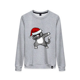 Женский свитшот хлопок с принтом DAB Cat Santa в городе Новоалтайск, 100% хлопок | прямой крой, круглый вырез, на манжетах и по низу широкая трикотажная резинка  | даб | кот | новогодний | рождество | шапка