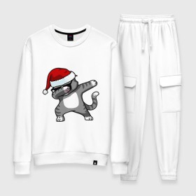 Женский костюм хлопок с принтом DAB Cat Santa в городе Новоалтайск, 100% хлопок | на свитшоте круглая горловина, мягкая резинка по низу. Брюки заужены к низу, на них два вида карманов: два 