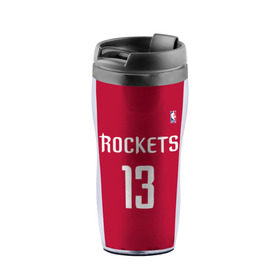 Термокружка-непроливайка с принтом Houston Rockets в городе Новоалтайск, внутренняя часть — пищевой пластик, наружная часть — прозрачный пластик, между ними — полиграфическая вставка с рисунком | объем — 350 мл, герметичная крышка | 13 | fear the beard | houston rockets | nba | rise sports | баскетбол | баскетбольная | джеймс харден | нба | номер | спортивная | форма | хьюстон рокетс