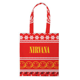 Сумка 3D повседневная с принтом Праздничный Nirvana в городе Новоалтайск, 100% полиэстер | Плотность: 200 г/м2; Размер: 34×35 см; Высота лямок: 30 см | cobain | kurt | nirvana | альтернативный | гранж | группа | дональд | знак | кобейн | красный | курт | музыка | музыкант | надпись | нервана | нирвана | новогодний | новоселич | новый год | певец | праздник