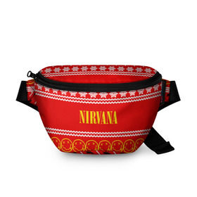 Поясная сумка 3D с принтом Праздничный Nirvana в городе Новоалтайск, 100% полиэстер | плотная ткань, ремень с регулируемой длиной, внутри несколько карманов для мелочей, основное отделение и карман с обратной стороны сумки застегиваются на молнию | cobain | kurt | nirvana | альтернативный | гранж | группа | дональд | знак | кобейн | красный | курт | музыка | музыкант | надпись | нервана | нирвана | новогодний | новоселич | новый год | певец | праздник