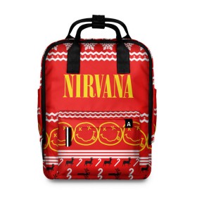 Женский рюкзак 3D с принтом Праздничный Nirvana в городе Новоалтайск, 100% полиэстер | лямки с регулируемой длиной, сверху ручки, чтобы рюкзак нести как сумку. Основное отделение закрывается на молнию, как и внешний карман. Внутри два дополнительных кармана, один из которых закрывается на молнию. По бокам два дополнительных кармашка, куда поместится маленькая бутылочка
 | cobain | kurt | nirvana | альтернативный | гранж | группа | дональд | знак | кобейн | красный | курт | музыка | музыкант | надпись | нервана | нирвана | новогодний | новоселич | новый год | певец | праздник