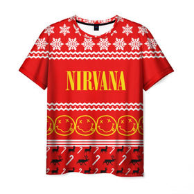 Мужская футболка 3D с принтом Праздничный Nirvana в городе Новоалтайск, 100% полиэфир | прямой крой, круглый вырез горловины, длина до линии бедер | cobain | kurt | nirvana | альтернативный | гранж | группа | дональд | знак | кобейн | красный | курт | музыка | музыкант | надпись | нервана | нирвана | новогодний | новоселич | новый год | певец | праздник