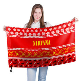 Флаг 3D с принтом Праздничный Nirvana в городе Новоалтайск, 100% полиэстер | плотность ткани — 95 г/м2, размер — 67 х 109 см. Принт наносится с одной стороны | cobain | kurt | nirvana | альтернативный | гранж | группа | дональд | знак | кобейн | красный | курт | музыка | музыкант | надпись | нервана | нирвана | новогодний | новоселич | новый год | певец | праздник