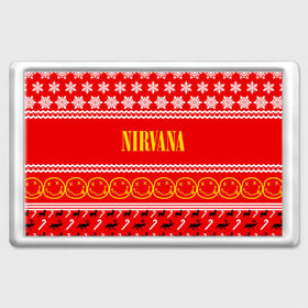 Магнит 45*70 с принтом Праздничный Nirvana в городе Новоалтайск, Пластик | Размер: 78*52 мм; Размер печати: 70*45 | cobain | kurt | nirvana | альтернативный | гранж | группа | дональд | знак | кобейн | красный | курт | музыка | музыкант | надпись | нервана | нирвана | новогодний | новоселич | новый год | певец | праздник