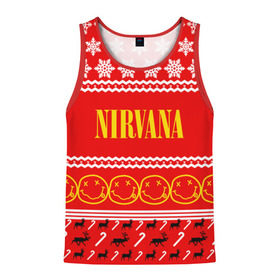 Мужская майка 3D с принтом Праздничный Nirvana в городе Новоалтайск, 100% полиэстер | круглая горловина, приталенный силуэт, длина до линии бедра. Пройма и горловина окантованы тонкой бейкой | cobain | kurt | nirvana | альтернативный | гранж | группа | дональд | знак | кобейн | красный | курт | музыка | музыкант | надпись | нервана | нирвана | новогодний | новоселич | новый год | певец | праздник