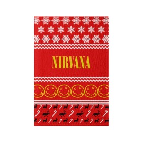 Обложка для паспорта матовая кожа с принтом Праздничный Nirvana в городе Новоалтайск, натуральная матовая кожа | размер 19,3 х 13,7 см; прозрачные пластиковые крепления | cobain | kurt | nirvana | альтернативный | гранж | группа | дональд | знак | кобейн | красный | курт | музыка | музыкант | надпись | нервана | нирвана | новогодний | новоселич | новый год | певец | праздник