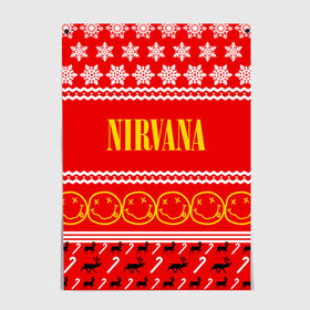 Постер с принтом Праздничный Nirvana в городе Новоалтайск, 100% бумага
 | бумага, плотность 150 мг. Матовая, но за счет высокого коэффициента гладкости имеет небольшой блеск и дает на свету блики, но в отличии от глянцевой бумаги не покрыта лаком | cobain | kurt | nirvana | альтернативный | гранж | группа | дональд | знак | кобейн | красный | курт | музыка | музыкант | надпись | нервана | нирвана | новогодний | новоселич | новый год | певец | праздник