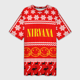 Платье-футболка 3D с принтом Праздничный Nirvana в городе Новоалтайск,  |  | cobain | kurt | nirvana | альтернативный | гранж | группа | дональд | знак | кобейн | красный | курт | музыка | музыкант | надпись | нервана | нирвана | новогодний | новоселич | новый год | певец | праздник