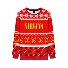 Женский свитшот 3D с принтом Праздничный Nirvana в городе Новоалтайск, 100% полиэстер с мягким внутренним слоем | круглый вырез горловины, мягкая резинка на манжетах и поясе, свободная посадка по фигуре | cobain | kurt | nirvana | альтернативный | гранж | группа | дональд | знак | кобейн | красный | курт | музыка | музыкант | надпись | нервана | нирвана | новогодний | новоселич | новый год | певец | праздник