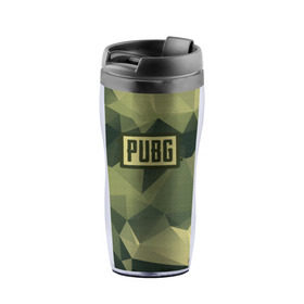 Термокружка-непроливайка с принтом PUBG в городе Новоалтайск, внутренняя часть — пищевой пластик, наружная часть — прозрачный пластик, между ними — полиграфическая вставка с рисунком | объем — 350 мл, герметичная крышка | Тематика изображения на принте: battlegrounds | camo | player | unknowns | игра | камуфляж | шутер