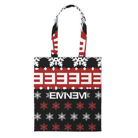 Сумка 3D повседневная с принтом Праздничный Eminem в городе Новоалтайск, 100% полиэстер | Плотность: 200 г/м2; Размер: 34×35 см; Высота лямок: 30 см | hip hop | hiphop | mc | rap | брюс | еменем | еминем | зачитал | знак | красный | маршалл | мс | мэтерс | надпись | новогодний | новый год | праздник | реп | репер | речитатив | рождество | рэп | рэпер | снежинки | хип