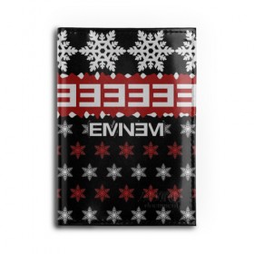 Обложка для автодокументов с принтом Праздничный Eminem в городе Новоалтайск, натуральная кожа |  размер 19,9*13 см; внутри 4 больших “конверта” для документов и один маленький отдел — туда идеально встанут права | Тематика изображения на принте: hip hop | hiphop | mc | rap | брюс | еменем | еминем | зачитал | знак | красный | маршалл | мс | мэтерс | надпись | новогодний | новый год | праздник | реп | репер | речитатив | рождество | рэп | рэпер | снежинки | хип