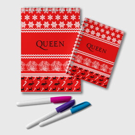 Блокнот с принтом Праздничный Queen в городе Новоалтайск, 100% бумага | 48 листов, плотность листов — 60 г/м2, плотность картонной обложки — 250 г/м2. Листы скреплены удобной пружинной спиралью. Цвет линий — светло-серый
 | Тематика изображения на принте: paul rodg | queen | quen | брайан мэй | глэм | группа | джон дикон | знак | квин | королева | красный | куин | меркури | меркьюри | мэркури | надпись | новогодний | новый год | поп | праздник | роджер тейлор