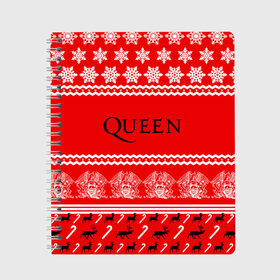 Тетрадь с принтом Праздничный Queen в городе Новоалтайск, 100% бумага | 48 листов, плотность листов — 60 г/м2, плотность картонной обложки — 250 г/м2. Листы скреплены сбоку удобной пружинной спиралью. Уголки страниц и обложки скругленные. Цвет линий — светло-серый
 | paul rodg | queen | quen | брайан мэй | глэм | группа | джон дикон | знак | квин | королева | красный | куин | меркури | меркьюри | мэркури | надпись | новогодний | новый год | поп | праздник | роджер тейлор