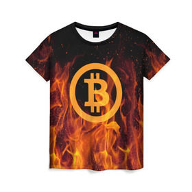 Женская футболка 3D с принтом BITCOIN FIRE в городе Новоалтайск, 100% полиэфир ( синтетическое хлопкоподобное полотно) | прямой крой, круглый вырез горловины, длина до линии бедер | bitcoin | btc | coin | crypto | ethereum | money | orange | биткоин | валюта | деньги | известные | криптовалюта | логотип | монета | надписи.cash | оранжевый | цвет | цифровое золото | эфир