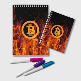 Блокнот с принтом BITCOIN FIRE в городе Новоалтайск, 100% бумага | 48 листов, плотность листов — 60 г/м2, плотность картонной обложки — 250 г/м2. Листы скреплены удобной пружинной спиралью. Цвет линий — светло-серый
 | Тематика изображения на принте: bitcoin | btc | coin | crypto | ethereum | money | orange | биткоин | валюта | деньги | известные | криптовалюта | логотип | монета | надписи.cash | оранжевый | цвет | цифровое золото | эфир