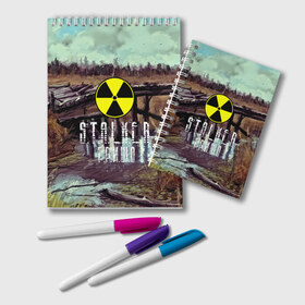 Блокнот с принтом S T A L K E R ГРИША в городе Новоалтайск, 100% бумага | 48 листов, плотность листов — 60 г/м2, плотность картонной обложки — 250 г/м2. Листы скреплены удобной пружинной спиралью. Цвет линий — светло-серый
 | Тематика изображения на принте: s.t.a.l.k.e.r. | stalker |   гриша |   припять | сталкер | чернобыль