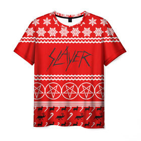 Мужская футболка 3D с принтом Праздничный Slayer в городе Новоалтайск, 100% полиэфир | прямой крой, круглый вырез горловины, длина до линии бедер | slayer | группа | гэри холт | знак | керри кинг | красный | метал | музыка | надпись | новогодний | новый год | песни | пол бостаф | праздник | рождество | рок | слаер | слайер | слеар | слеер | слейр | слеяр