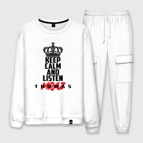 Мужской костюм хлопок с принтом Keep calm and listen T Mraz в городе Новоалтайск, 100% хлопок | на свитшоте круглая горловина, мягкая резинка по низу. Брюки заужены к низу, на них два вида карманов: два “обычных” по бокам и два объемных, с клапанами, расположенные ниже линии бедра. Брюки с мягкой трикотажной резинкой на поясе и по низу штанин. В поясе для дополнительного комфорта — широкие завязки | thomas mraz | томас | тхомас