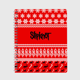 Тетрадь с принтом Праздничный Slipknot в городе Новоалтайск, 100% бумага | 48 листов, плотность листов — 60 г/м2, плотность картонной обложки — 250 г/м2. Листы скреплены сбоку удобной пружинной спиралью. Уголки страниц и обложки скругленные. Цвет линий — светло-серый
 | slipknot | альтернативный | грув | кори тейлор | красный | крис фен | метал | новогодний | новый год | ню | рождество | рок | слайпкнот | слипкнот | слипнот | снежинки