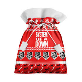 Подарочный 3D мешок с принтом Праздничный System of a Down в городе Новоалтайск, 100% полиэстер | Размер: 29*39 см | Тематика изображения на принте: soad | soil | system of a down | группа | дав | дарон малакян | джон долмаян | знак | красный | надпись | новогодний | новый год | оф | праздник | рождество | рок | серж танкян | систем | снежинки | соад | сод | соэд