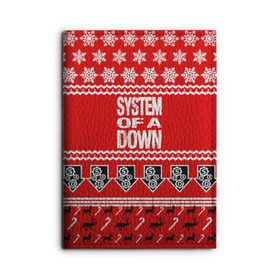 Обложка для автодокументов с принтом Праздничный System of a Down в городе Новоалтайск, натуральная кожа |  размер 19,9*13 см; внутри 4 больших “конверта” для документов и один маленький отдел — туда идеально встанут права | soad | soil | system of a down | группа | дав | дарон малакян | джон долмаян | знак | красный | надпись | новогодний | новый год | оф | праздник | рождество | рок | серж танкян | систем | снежинки | соад | сод | соэд