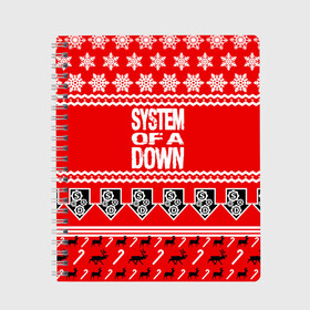 Тетрадь с принтом Праздничный System of a Down в городе Новоалтайск, 100% бумага | 48 листов, плотность листов — 60 г/м2, плотность картонной обложки — 250 г/м2. Листы скреплены сбоку удобной пружинной спиралью. Уголки страниц и обложки скругленные. Цвет линий — светло-серый
 | soad | soil | system of a down | группа | дав | дарон малакян | джон долмаян | знак | красный | надпись | новогодний | новый год | оф | праздник | рождество | рок | серж танкян | систем | снежинки | соад | сод | соэд