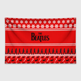 Флаг-баннер с принтом Праздничный The Beatles в городе Новоалтайск, 100% полиэстер | размер 67 х 109 см, плотность ткани — 95 г/м2; по краям флага есть четыре люверса для крепления | beatles | the beatles | бител | битлз | битлс | битлы | группа | джон леннон | джордж харрисон | жуки | знак | красный | ливерпульская четвёрка | мерсибит | надпись | новогодний | новый год | пол маккартни | поп