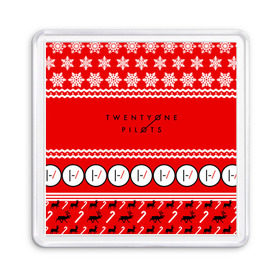 Магнит 55*55 с принтом Праздничный Twenty One Pilots в городе Новоалтайск, Пластик | Размер: 65*65 мм; Размер печати: 55*55 мм | 21 pilots | красный | новогодний | рождество | снежинки