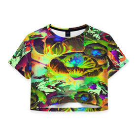 Женская футболка 3D укороченная с принтом Acid Flower fashion в городе Новоалтайск, 100% полиэстер | круглая горловина, длина футболки до линии талии, рукава с отворотами | abstraction | color | flower | garden | spray | tie dye | абстракция | акварель | живопись | искусство | краски | лилии | текстуры | цветные краски | цветы | яркие цвета