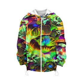 Детская куртка 3D с принтом Acid Flower fashion в городе Новоалтайск, 100% полиэстер | застежка — молния, подол и капюшон оформлены резинкой с фиксаторами, по бокам — два кармана без застежек, один потайной карман на груди, плотность верхнего слоя — 90 г/м2; плотность флисового подклада — 260 г/м2 | Тематика изображения на принте: abstraction | color | flower | garden | spray | tie dye | абстракция | акварель | живопись | искусство | краски | лилии | текстуры | цветные краски | цветы | яркие цвета