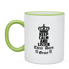 Кружка двухцветная с принтом Keep calm and listen TDG в городе Новоалтайск, керамика | объем — 330 мл, диаметр — 80 мм. Цветная ручка и кайма сверху, в некоторых цветах — вся внутренняя часть | tdg | three days grace | альтернативный | барри сток | брэд уолст | в запасе | грей | грейс | грес | группа | дей | дейс | дня | метал | мэтт уолст | нил сандерсон | постгранж | рок | три | фдг | фри