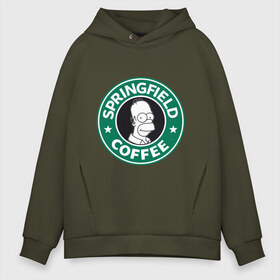 Мужское худи Oversize хлопок с принтом Springfield Coffee в городе Новоалтайск, френч-терри — 70% хлопок, 30% полиэстер. Мягкий теплый начес внутри —100% хлопок | боковые карманы, эластичные манжеты и нижняя кромка, капюшон на магнитной кнопке | homer | simpsons | гомер | лого | спрингфилд | старбакс