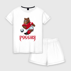 Женская пижама с шортиками хлопок с принтом Россия 2018-5 в городе Новоалтайск, 100% хлопок | футболка прямого кроя, шорты свободные с широкой мягкой резинкой | медведь | мяч | россия | талисман | футбол | чемпионат