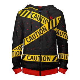 Мужская толстовка 3D на молнии с принтом Caution Style в городе Новоалтайск, 100% полиэстер | длина до линии бедра, манжеты и пояс оформлены мягкой тканевой резинкой, двухслойный капюшон со шнурком для регулировки, спереди молния, по бокам два кармана | blood | caution | street | tape | urban | брызги | кровь | лента | опасный | скотч | улица | урбан