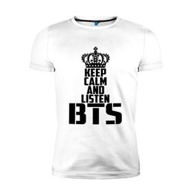 Мужская футболка премиум с принтом Keep calm and listen BTS в городе Новоалтайск, 92% хлопок, 8% лайкра | приталенный силуэт, круглый вырез ворота, длина до линии бедра, короткий рукав | bangtan boys | bts | j hope | jimin | jin | jungkook | k pop | rm | sonyeondan | suga | v | бойз бойс | бойскауты | бтс бенгтан. бангтан | группа | к поп | корейская | пуленепробиваемые | хип хоп