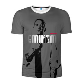 Мужская футболка 3D спортивная с принтом Eminem в городе Новоалтайск, 100% полиэстер с улучшенными характеристиками | приталенный силуэт, круглая горловина, широкие плечи, сужается к линии бедра | actor | american rapper | art | composer | eminem | gray background | music | musical producer | rap | актёр | американский рэпер | композитор | музыка | музыкальный продюсер | рисунок | рэп | серый фон