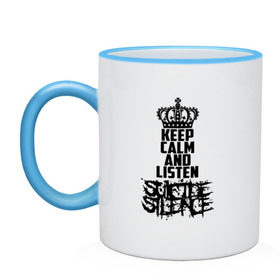 Кружка двухцветная с принтом Keep calm and listen Suicide Silence в городе Новоалтайск, керамика | объем — 330 мл, диаметр — 80 мм. Цветная ручка и кайма сверху, в некоторых цветах — вся внутренняя часть | all shall perish | animosity | blackheart eulogy | light this city | obl | silence | suicide | suicide silence | the funeral pyre | алекс лопес | грув | группа | дэн кенни | дэткор | крис гарса | марк хейлмун | метал | ню | сайленс | слай | слайд | слайнц